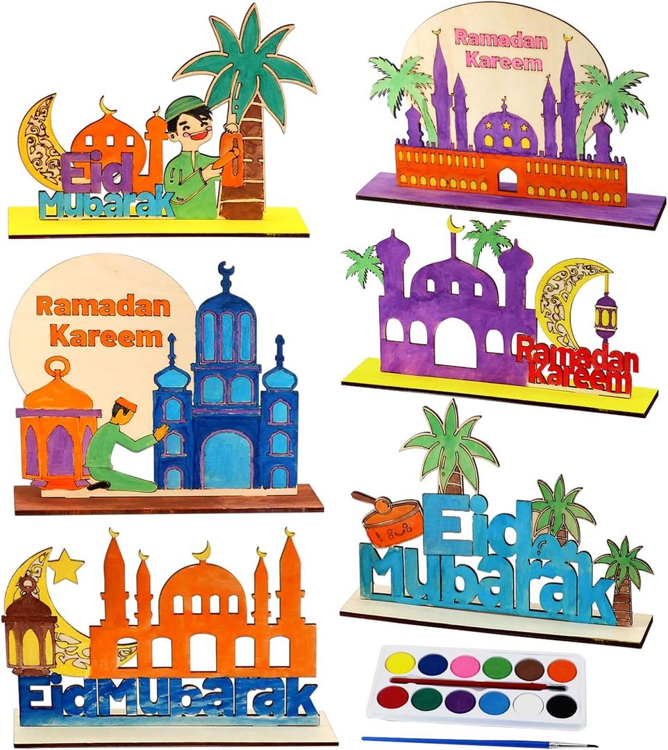 MUOUAKATE 6 Pcs Wooden Ramadan and Eid Crafts Kit, Paint Your Own Ramadan Activities for Boys Girls Ages 3-10 11 12, Ramadan Gifts for Ramadan Eid Party Supplies Class Home Table Decoration
