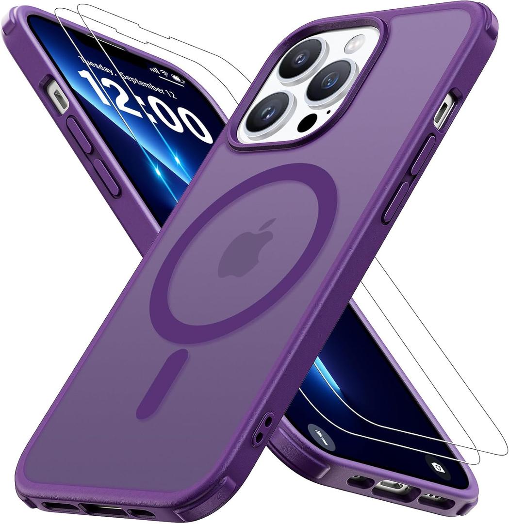 Magnetic for iPhone 13 Pro Case [Compatible with MagSafe]with 2X Screen Protector, Military-Grade Slim Shockproof Phone Cover Translucent Matte Anti-Fingerprint for iPhone 13 Pro 6.1'', Purple
