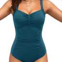 Tempt Me Women Ruched Slimming One Piece Swimsuits Tummy Control Vintage Bathing Suits (Large, Dark Green)