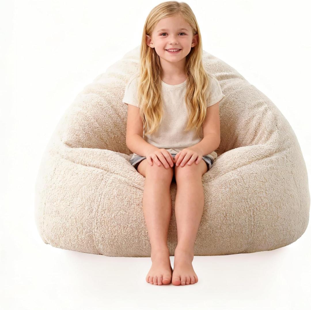 Bean Bag Chair Memory Foam Filled Kids Chairs Toddler Soft Sherpa Beanbag Chair Couch for Girls and Boys Adult Pets Dogs/Cats Lazy Beds S Light Cream