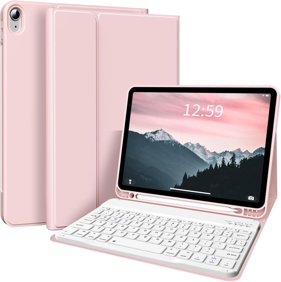 kenke for iPad 11/10th Gen Case with Keyboard 11/10.9 inch 2025 A16/2022, Detachable Wireless Bluetooth Keyboard Case with Left Side Pencil Holder, White Square Keycaps (Pink)