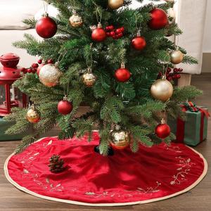 Bunny Chorus Christmas Tree Skirt, 24 inches Red Luxury Velvet Plush Fur Skirts with Gold Embroidered Holly Leaf for Rustic Xmas Tree Holiday Decorations Merry Christmas