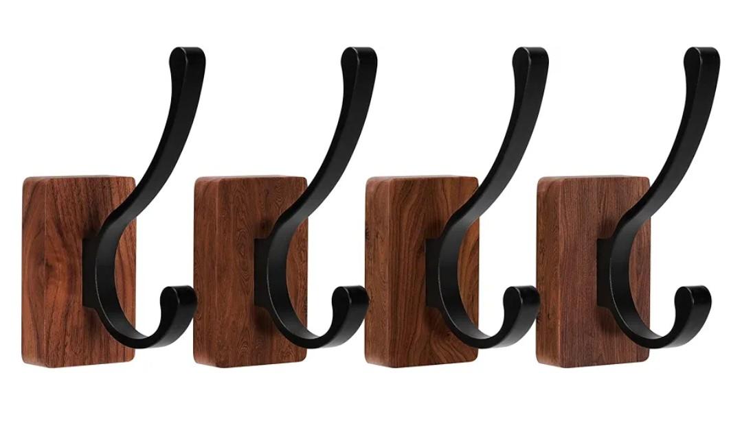 4 Pack Wooden Wall Hooks, Adhesive and Screw Mounted for Heavy Duty, Boho Decorative Coat Hooks for Towel, Clothes, Blanket, Hat, Entryway, Nursery Door