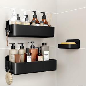 Orimade Shower Caddy 3-Pack, No-Drill Adhesive Shelves with 4 Hooks for Bathroom, Rustproof ABS Plastic Storage Organizer Set, Black