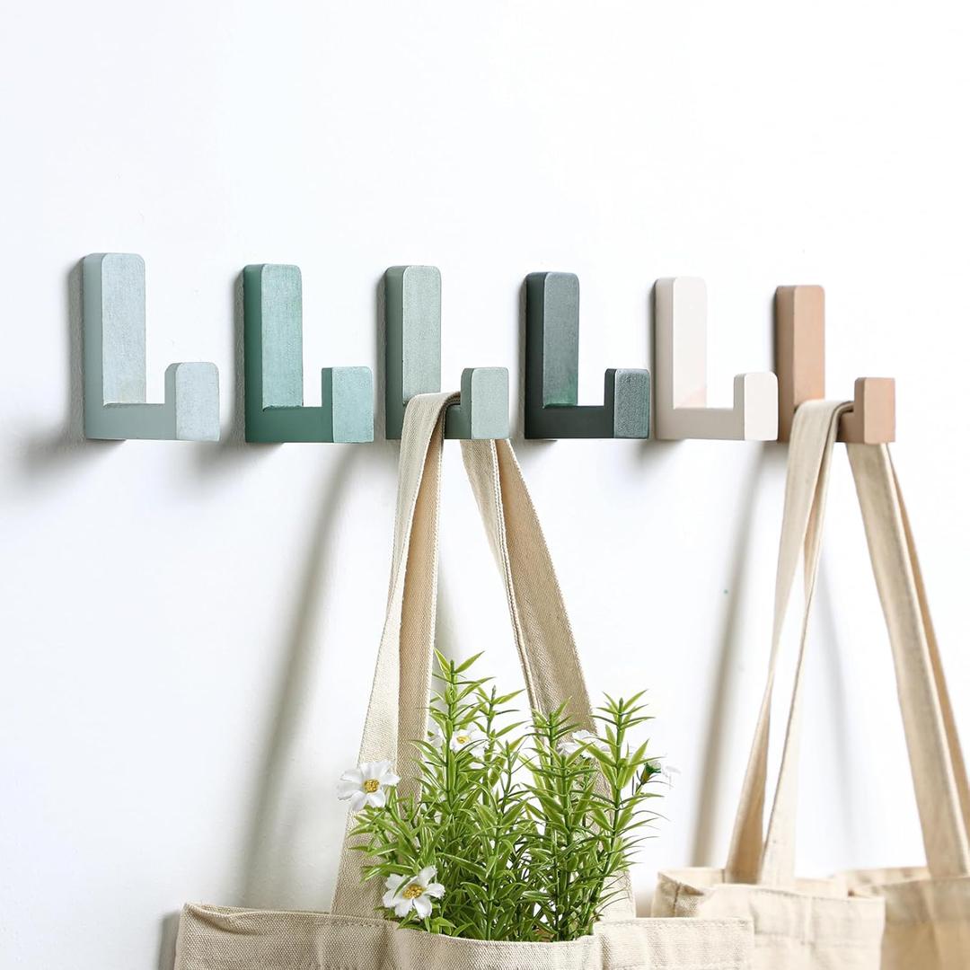 6 Pack Cute Kids Coat Wall Hooks Wooden Adhesive Decorative Colorful Wall Mounted Hangers Backpack Hooks for Hanging Keys Towel Clothes Bathroom Organization(Green)