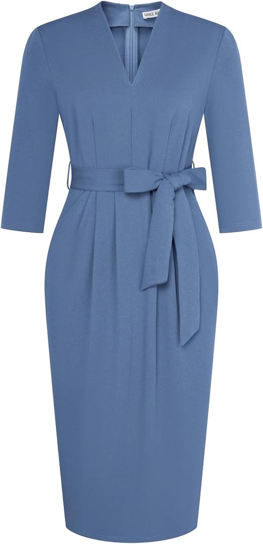 GRACE KARIN Womens Work Dresses V Neck 3/4 Sleeve Back Zipper Tie Waist Bodycon Dress Office Cocktail Dress with Pockets (Blue, XS)