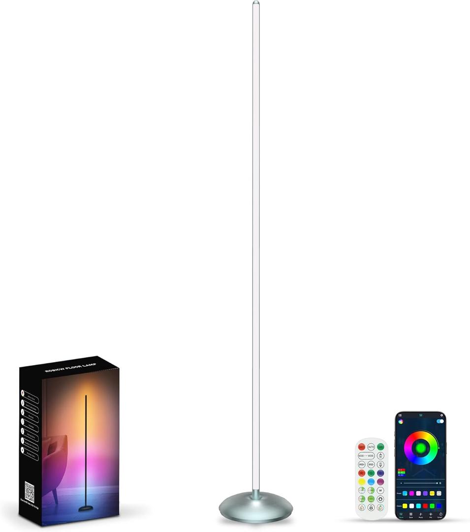 Corner Floor Lamp Silver, Smart RGB LED Corner Lamp with App & Remote, Modern Floor Lamp for Living Room, Bedroom, Color Changing Standing Lamps with 16 Million Colors, Scene Modes, Music Sync