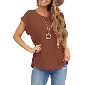 Orchidays Womens Casual Short Sleeve Tops Dressy Crew Neck Side Button Shirts Blouse Brown, Small