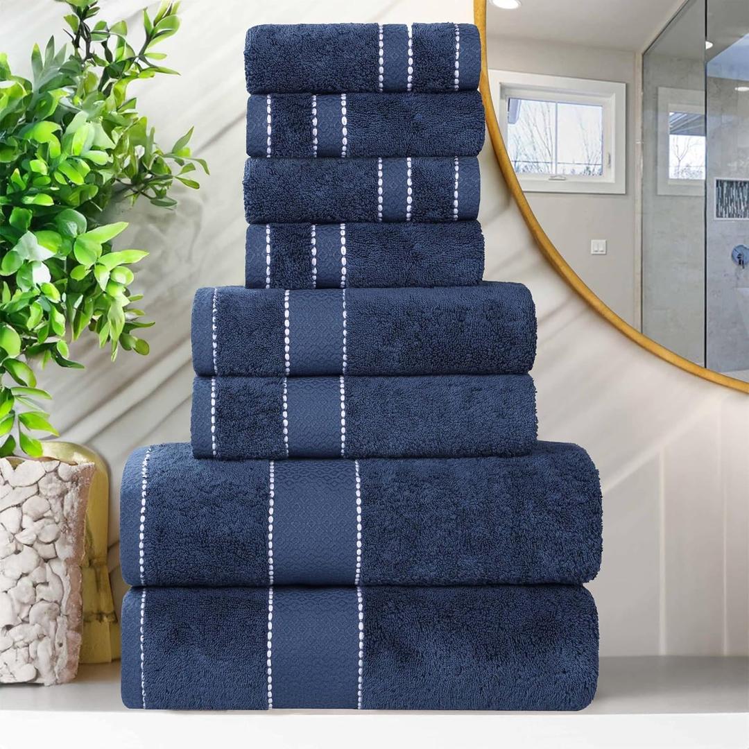 Superior Egypt Produced Giza Cotton 8 Piece Towel Set, Luxury Plush Bathroom Essentials, Quick Dry, Shower, Spa, Soft, Includes 2 Bath, 2 Hand, 4 Washcloth/Face Towels, Niles Collection, Navy Blue