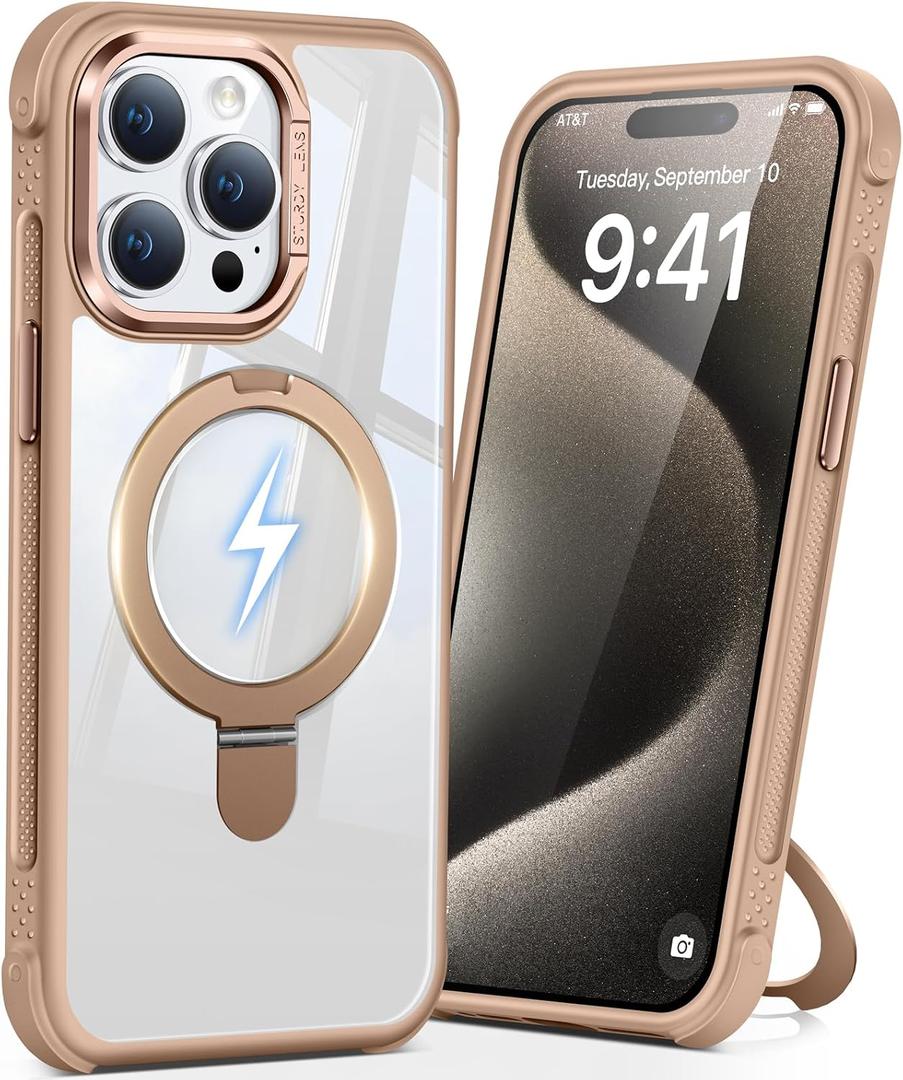 Magnetic Ring Stand Case for iPhone 15 pro max, 16FT Military-Grade Protection Shockproof, Non-Slip, Anti Scratch, Textured Grip & Clear Back for Hands-Free Video Calls (Clear Brown)