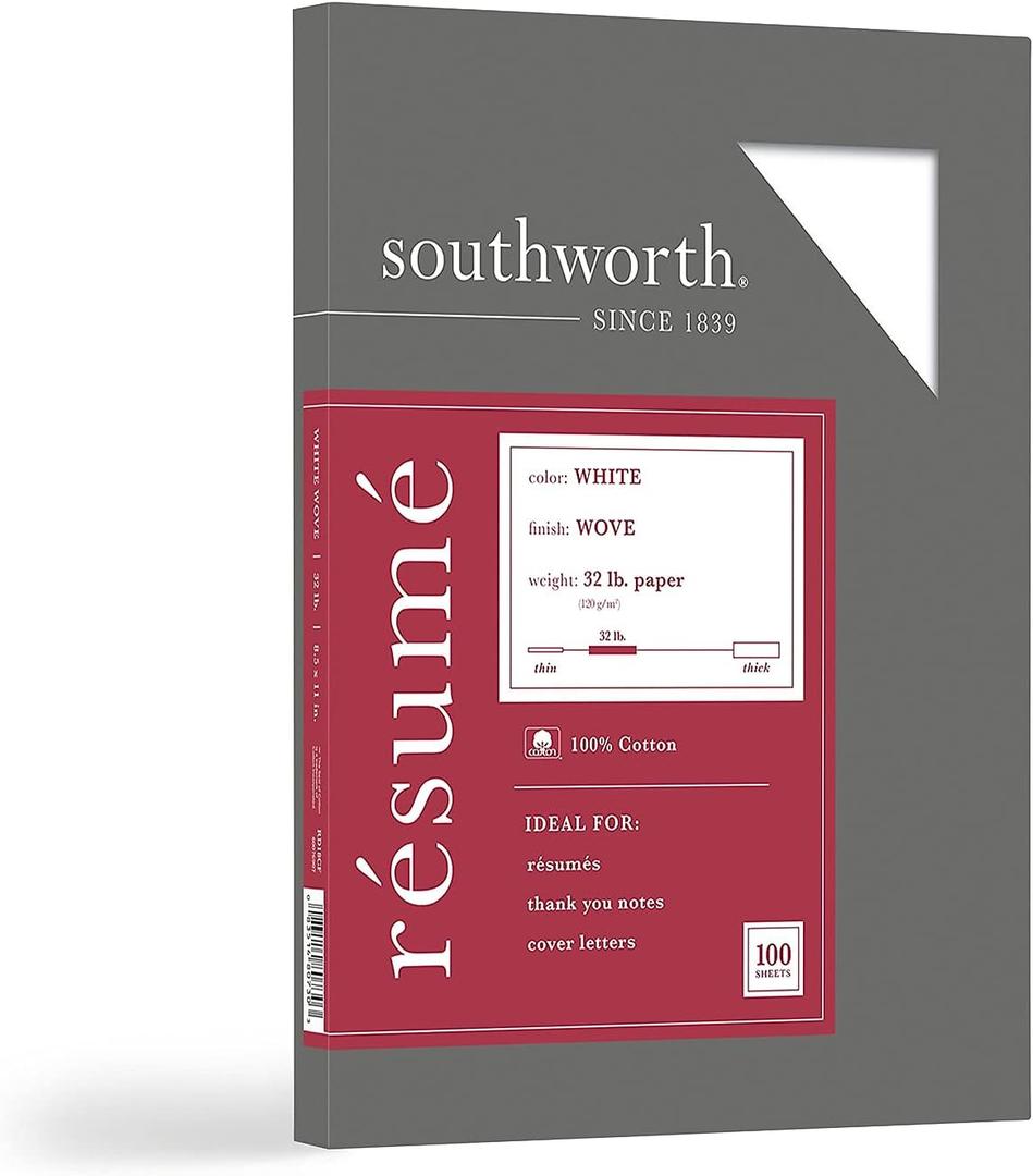 Southworth 100% Cotton Rsum Paper, 8 1/2" x 11", 32 Lb, 100% Recycled, White, Pack Of 100