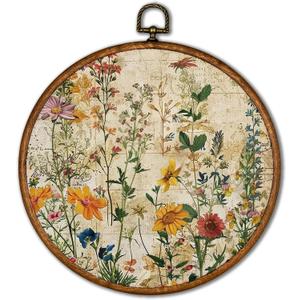 KSDUT Boho Flower Floral Wall Decor Art - Botanical Neutral Wall Art Canvas Frame Hanging Prints, Vintage Landscape Wildflower Round Wall Art Decor for Home Decorations 10"x10"