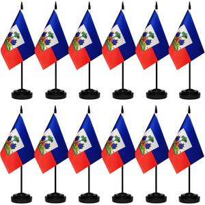 12 Pack Haiti Desk Flags Set, Haitian Small Mini Table Office Flags With 12" Solid Black Pole, Black Base and Spear Top, Miniature Desktop Flag, Home Decoration, Office Decoration, Festival