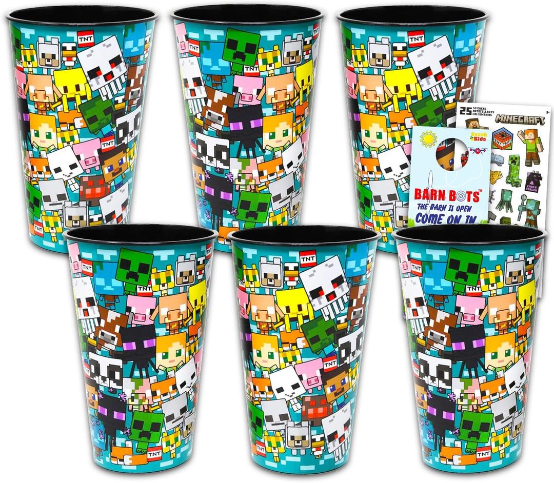 Minecraft Reusable Tumbler Cup Pack - Video Game Party Favor 6 Piece Bundle with 24 Oz Cups Plus Stickers, More | Bulk Minecraft Water Tumblers