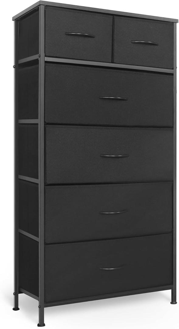 Mifuro Tall Dresser for Bedroom, Vertical Storage Organizer Tower with 6 Drawers, Chest of Drawers with Fabric Bins, Steel Frame, Wood Top for Bedroom, Closet, Entryway- Black