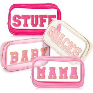 4 Pcs Mama and Baby Toiletry Bag Clear Chenille Letter Diaper Bag Pouch Snacks Makeup Stuff Travel Preppy Transparent Pouch with Zipper for Women Gift(Bright Color)