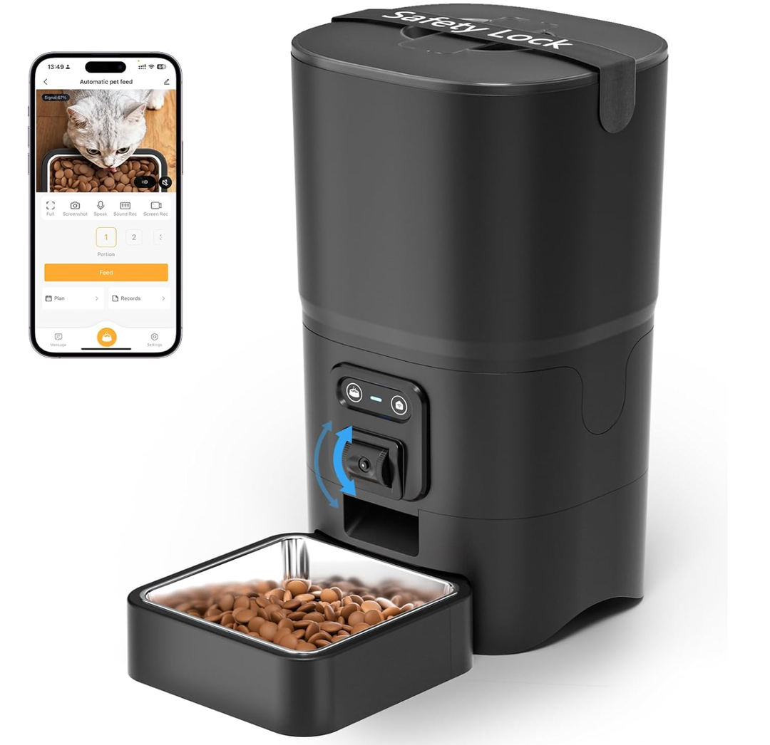 PAPIFEED Automatic Cat Feeder 6L 2.4G WiFi Smart Pet Feeder with Camera & Two-Way Audio, Adjustable Angle, Easy to Clean Detachable Feeding Schedule 1-10 Meals Per Day for Cats & Small Dogs - Black