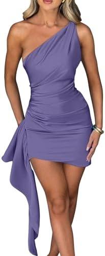 Memoriesea Women's One Shoulder Ruched Bodycon Sleeveless Mini Club Party Dress, S