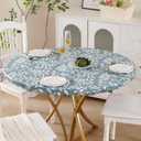 Round Vinyl Fitted Tablecloth with Flannel Backing Elastic Edge Design Table Cover Waterproof Oil-Proof PVC Table Cloth Stain-Resistant Best for 57"-66" Round (Leaf)