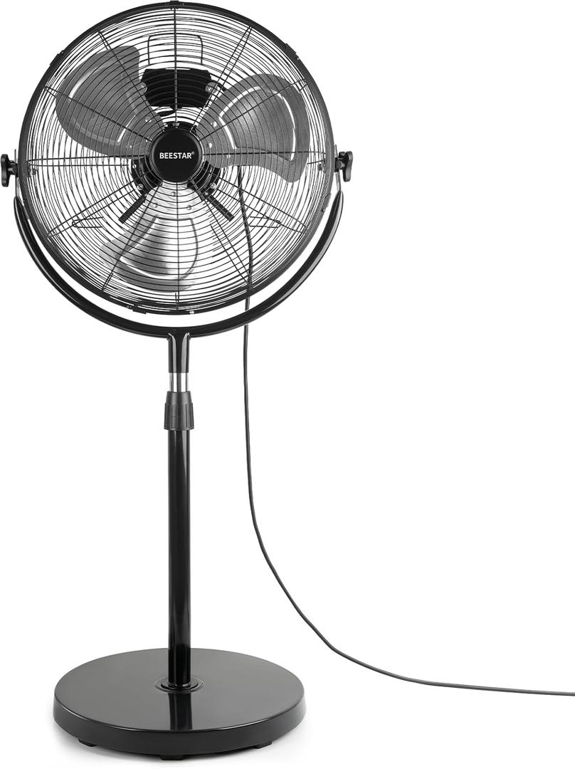BEESTAR 20 Inch Heavy Duty High Velocity Pedestal Fan, Industrial Standing Fan with Adjustable Height and Tilt,3-Speed, Metal Fan for Industrial, Commercial, Residential, Greenhouse, Black