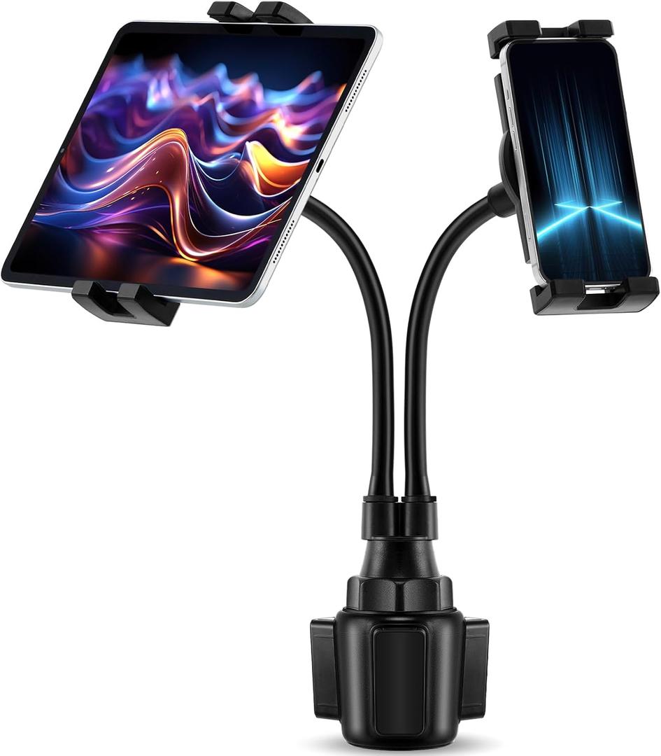 Dual Cup Tablet Mount Holder for Car 360 Rotatable Mount Long Flexible Neck Adjustable Universal Size Fits for Most 2 Tablets 4.7"-10"