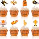 96 Pieces Basketball Cupcake Toppers Wrappers Sports Cupcake Toppers Basketball Cupcake Liners Muffin Case Trays for Sports Theme Baby Shower Birthday Wedding Party Cake Decorations