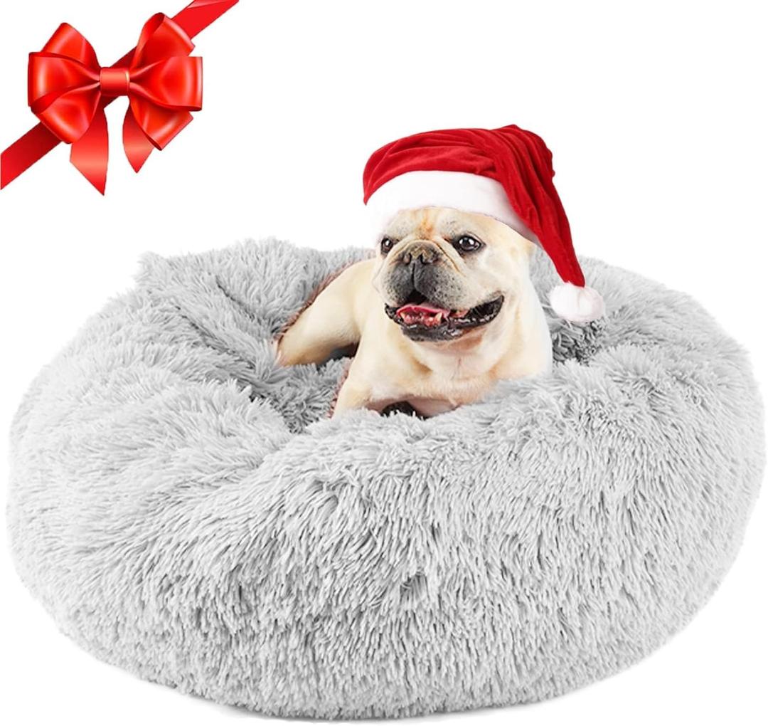 Himax Dog Beds for Small Medium Dogs, Donut Dog Bed with Blanket Attached, Calming Dogs Bed Washable (26") Light Grey