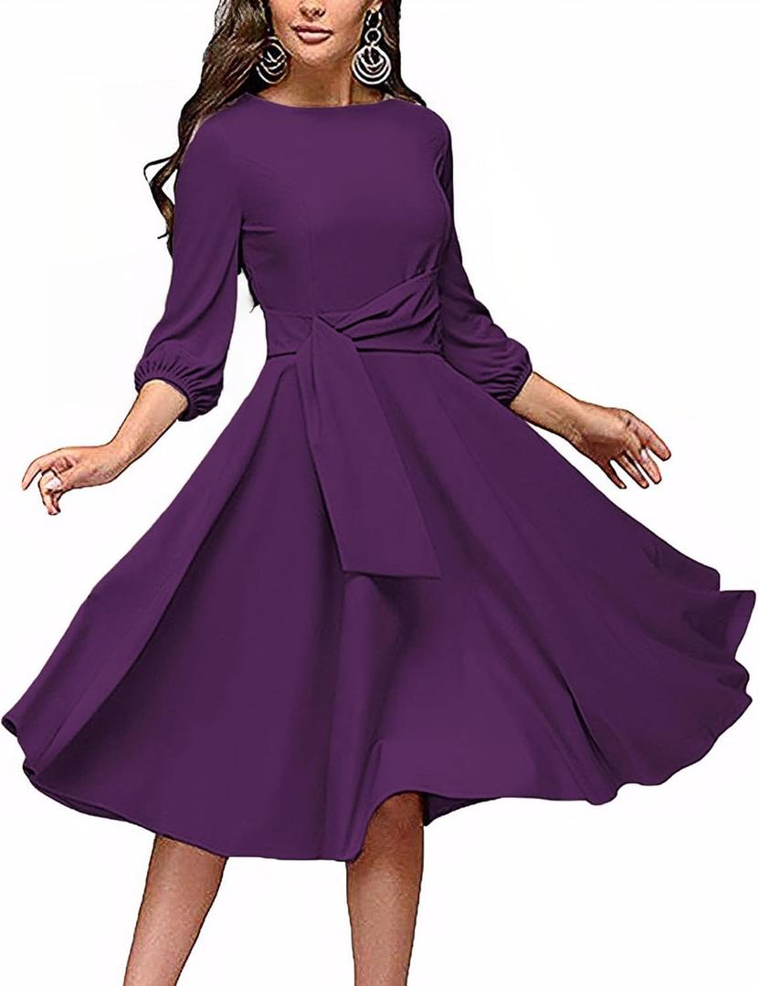 FENJAR Women's Formal Dresses Casual Wedding Guest Church Work Elegance Audrey Hepburn Style A-line Midi Dress(P-Purple-M)