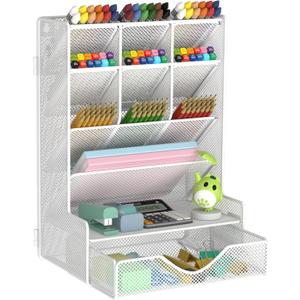 Pen Organizer for Desk, Multi-Functional Desk Organizer, Wall Mount Pen Holder with Drawer for School, Office, Home, Art Supplies, White (Large)