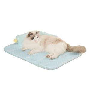 Zabplox Cooling Cat Bed with Pillow – L-Shaped Sofa Design, Breathable Summer Mat for Kittens & Cats, Machine-Washable Cushion Calming Bed for Persian, Siamese, Small Pets (Green, 21"x15"x4")