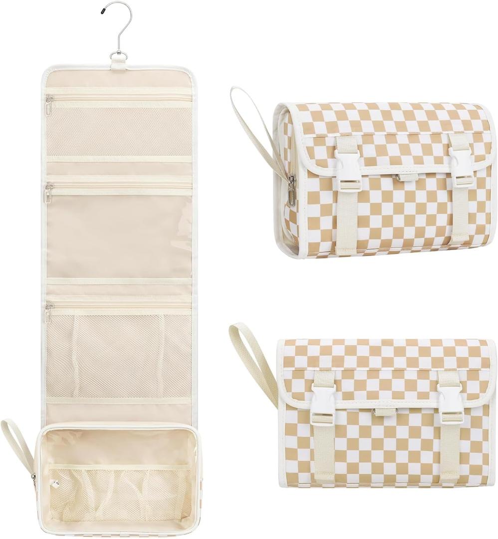 Relavel Hanging Toiletry Bag for Women, Hanging Makeup Organizer with Travel Size Toiletries, Portable Bathroom Travel Bag with Hook for Shaving Kit, Shampoo, Conditioner for Trip - Plaid (Large, 01 Plaid Khaki)