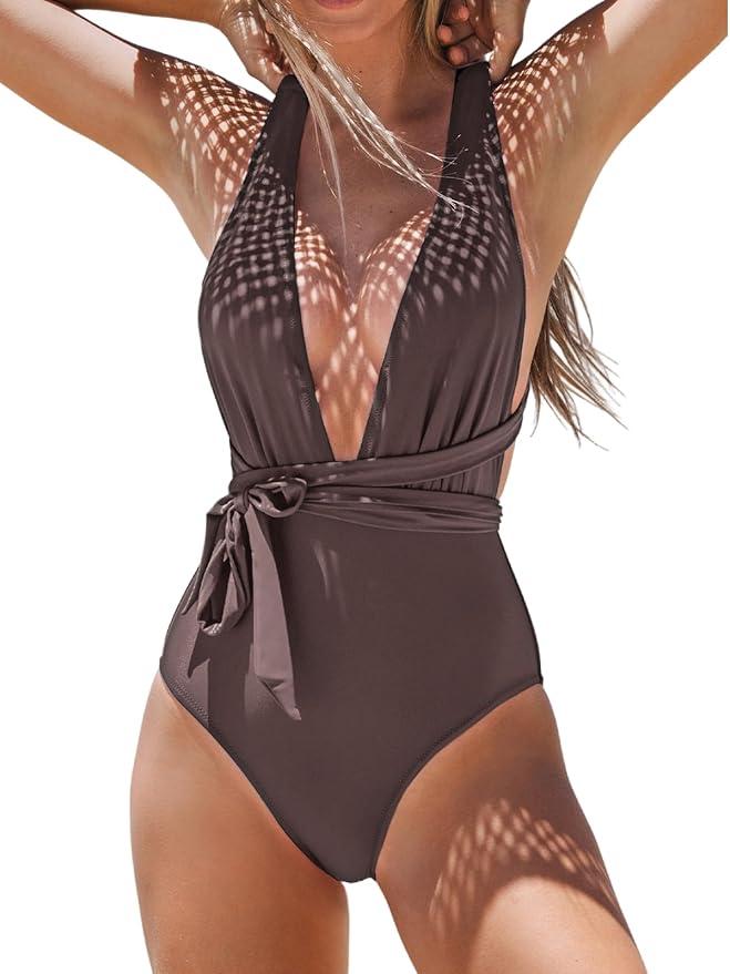 Women's Brown Wrap One Piece Swimsuit XS