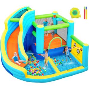FBSPORT Inflatable Bounce House, Water Slide Park Slide Bouncer with Ball Shooting, Climbing Wall, Jumping and Splash Pool, Kids Bouncy Castle with 450W Air Blower for Outdoor Backyard