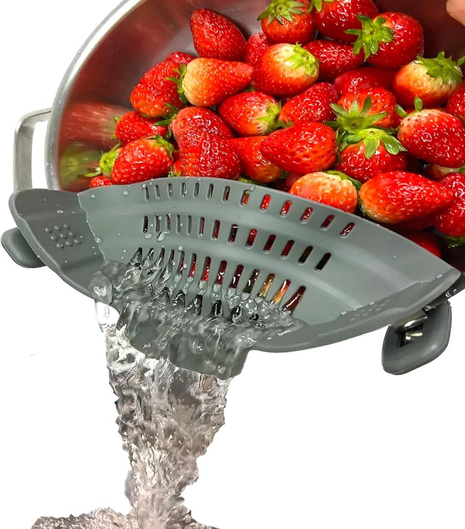 2 x Clip-On Flexible Silicone Strainer for All Pots and Pans, Heat Resistant Colander for Vegetables and Fruit and Noodles and Pasta, Multi Use Kitchen Gadgets for Cooking, Space-Saving Design(Gray)