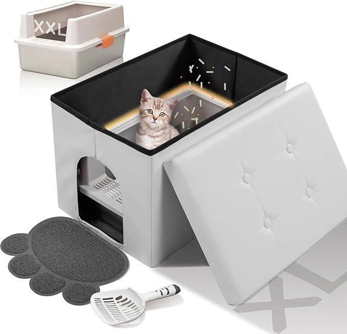 MEEXPAWS Cat Litter Box Enclosure Furniture Hidden & Stainless Steel Litter Box with Lid Set, Cat Washroom Bench Storage Cabinet Enclosed Metal Litter Box Dog Proof, Waterproof Inside, Easy Clean