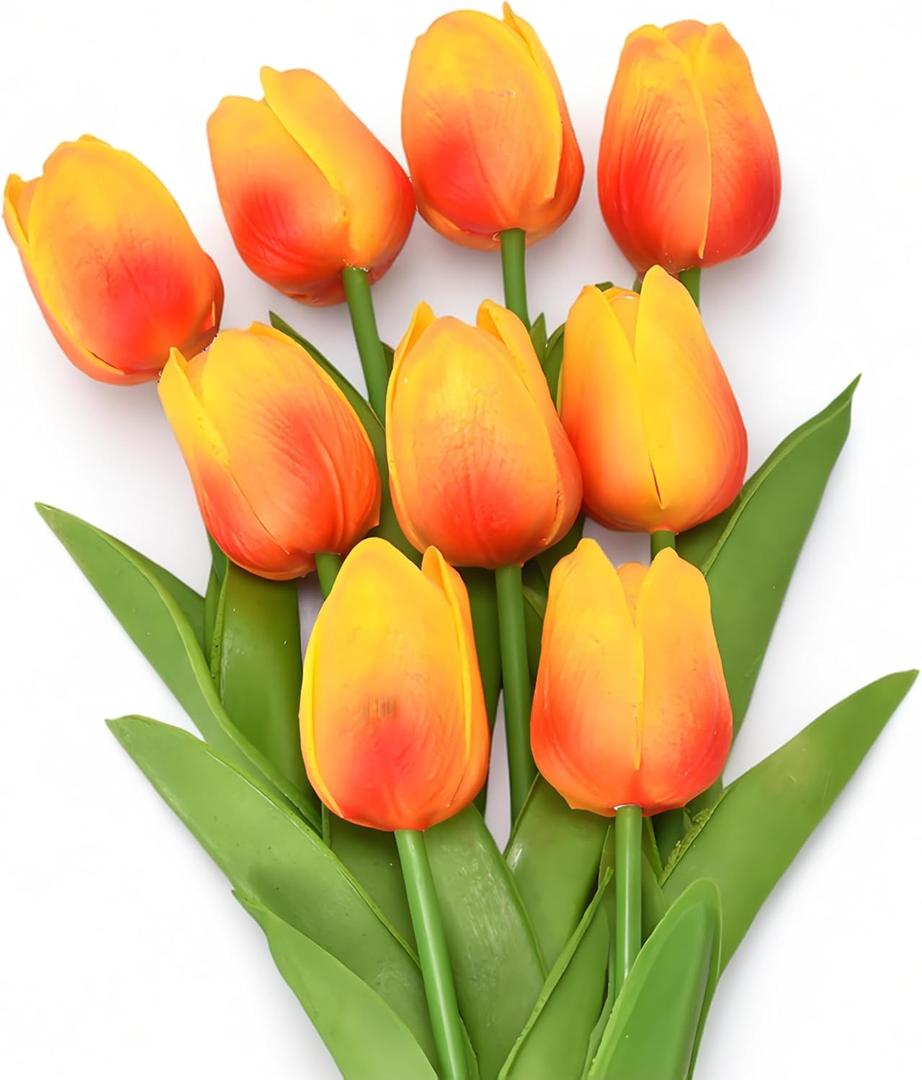 10pcs Yellow Mixed Red Artificial Flowers Fake Tulips 13" Silk Flower for Home Kitchen Wedding Decor Bouquet Decorations Office Floral Arrangements