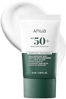Anua Heartleaf Silky Moisture Mild Sunscreen, Broad Spectrum SPF 50+ with Moisturizing Formula, Lightweight Korean Sunscreen, Natural finish, Vegan, korean skin care 50ml / 1.69 fl. oz.