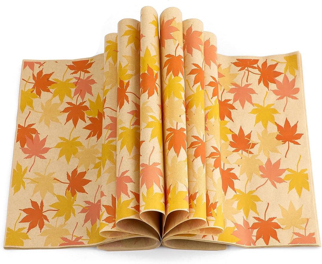 Tenare 150 Pieces Autumn Fall Wax Paper Sheets Food Wrap Grease Resistant Liners Thanksgiving Theme Waterproof Wrapping Tissue Food Picnic Paper for Kitchen(Orange Maple Leaf)