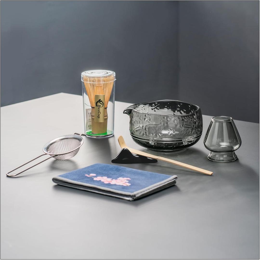 Matcha Whisk Set, Glass Matcha Kit Set Includes Matcha Bowl, Matcha Whisk and Holder, Bamboo Scoop, Scoop Rest, Sifter and Tea Towel - 7 Pcs Matcha Kit for Matcha Lovers (Black Gray)