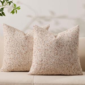 Decorative Couch Throw Pillow Covers 18x18 Set of 2 Beige Striped Soft Wool Pillow Covers Neutral Textured Boho Cushion Covers for Modern Farmhouse Sofa Bedroom Living Room Decor