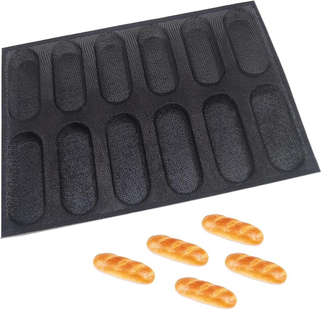 Dioycli Silicone Bread Loaf Pan for Baking, Mini Baguette Bread Pan Perforated Hot Dog Bun Pan 12 Loaf Non Stick Baking Liners Mat