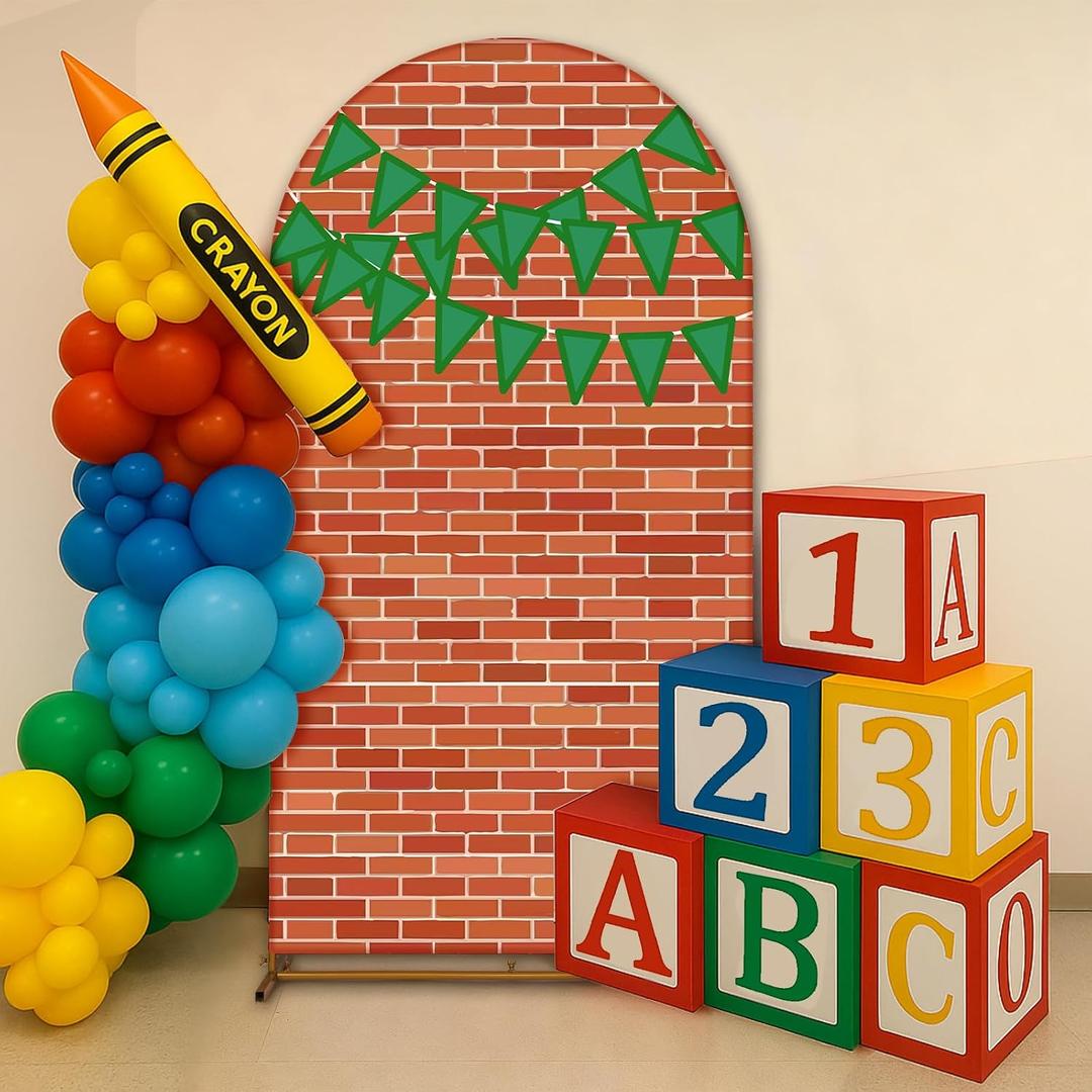 VitalCozy 7.2ft Red Brick Arch Backdrop Cover Cartoon Street Photography Backdrops with Colorful Flags Decor for Back to School Prek Graduation Friends Birthday Party Photo Props