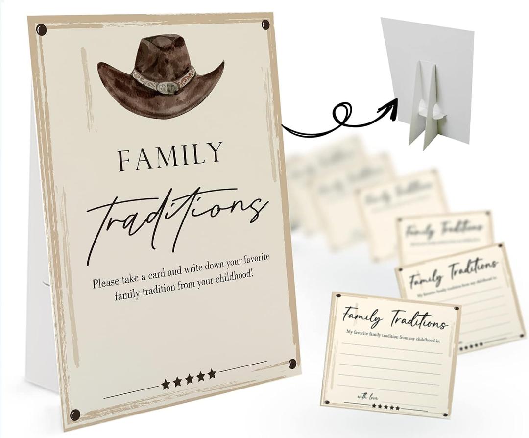 Cowboy Theme Favorite Family Traditions Baby Shower Games Set(1 Sign and 20 Cards), Games for Baby Shower, Wedding Shower, Bridal Shower, Game Night, Gender Reveal Party, Family Day Decorations 04