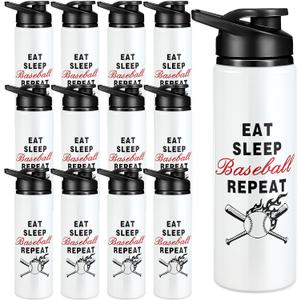 Hushee Pack of 12 Baseball Water Bottles Bulk 25 oz Aluminum Sport Bottles with Leakproof Lid Fall Outdoor Stuff Accessories for Cyclists, Runners, Hikers, Beach Goers, Picnics, Camping (Eat Sleep)