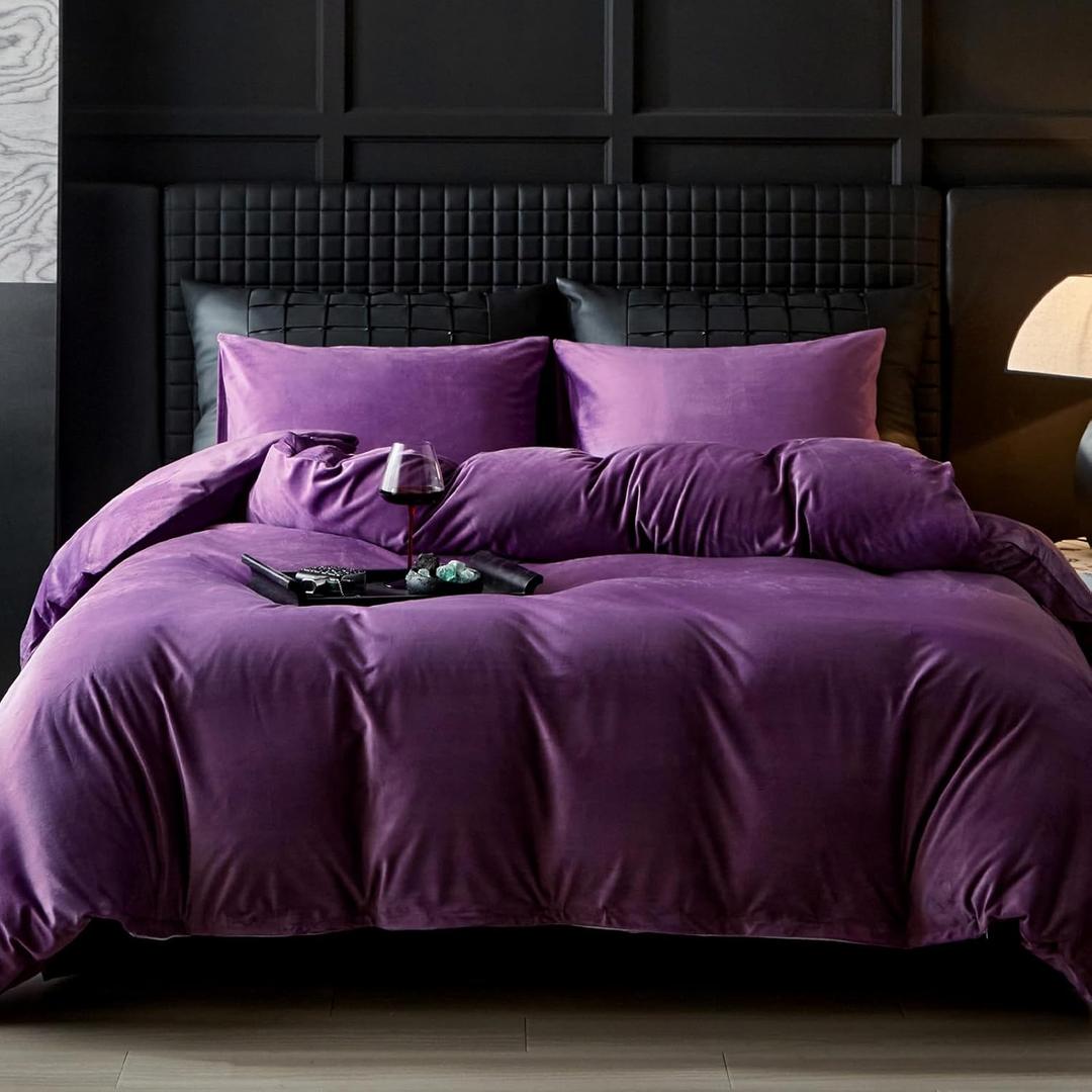 WARMDERN Purple Flanne Velvet Duvet Cover King Sizel Duvet Cover Bedding Sets, 3pcs Ultra Soft Luxury Textured Modern Crystal Velvet Duvet Covers with Zipper Closure(Purple, King)