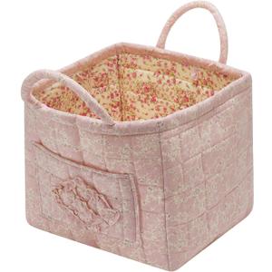 Boho Fabric Storage Basket Quilted Floral Print Baskets Organizer Bin with Handles for Home, Picnic, Shopping (Pink, L)