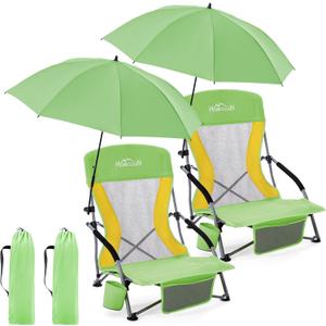 Homcosan Portable Low Folding Beach Chairs Set of 2 with Detachable Umbrellas - Lightweight Camping Chairs for Adults with Cup Holder & Storage Pockets, Carry Bag Included (Green & Yellow)