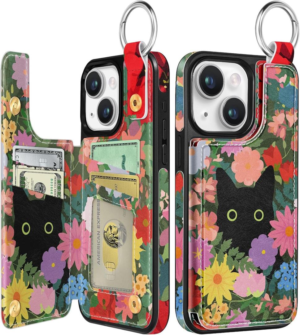 for iPhone 15 Wallet Case with Card Holder, Cute Designer Floral Cat Pattern Kickstand Magnetic Clasp Back Flip Folio Leather Cases for iPhone 15 Phone for Girls Women Men Boys Teens