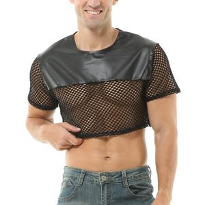 FEOYA Fishnet Top Men's Mesh Crop T Shirts Transparent Pu Tee Round Neck Long Short Sleeve Muscle Sexy Top Cluwear (Black, M)