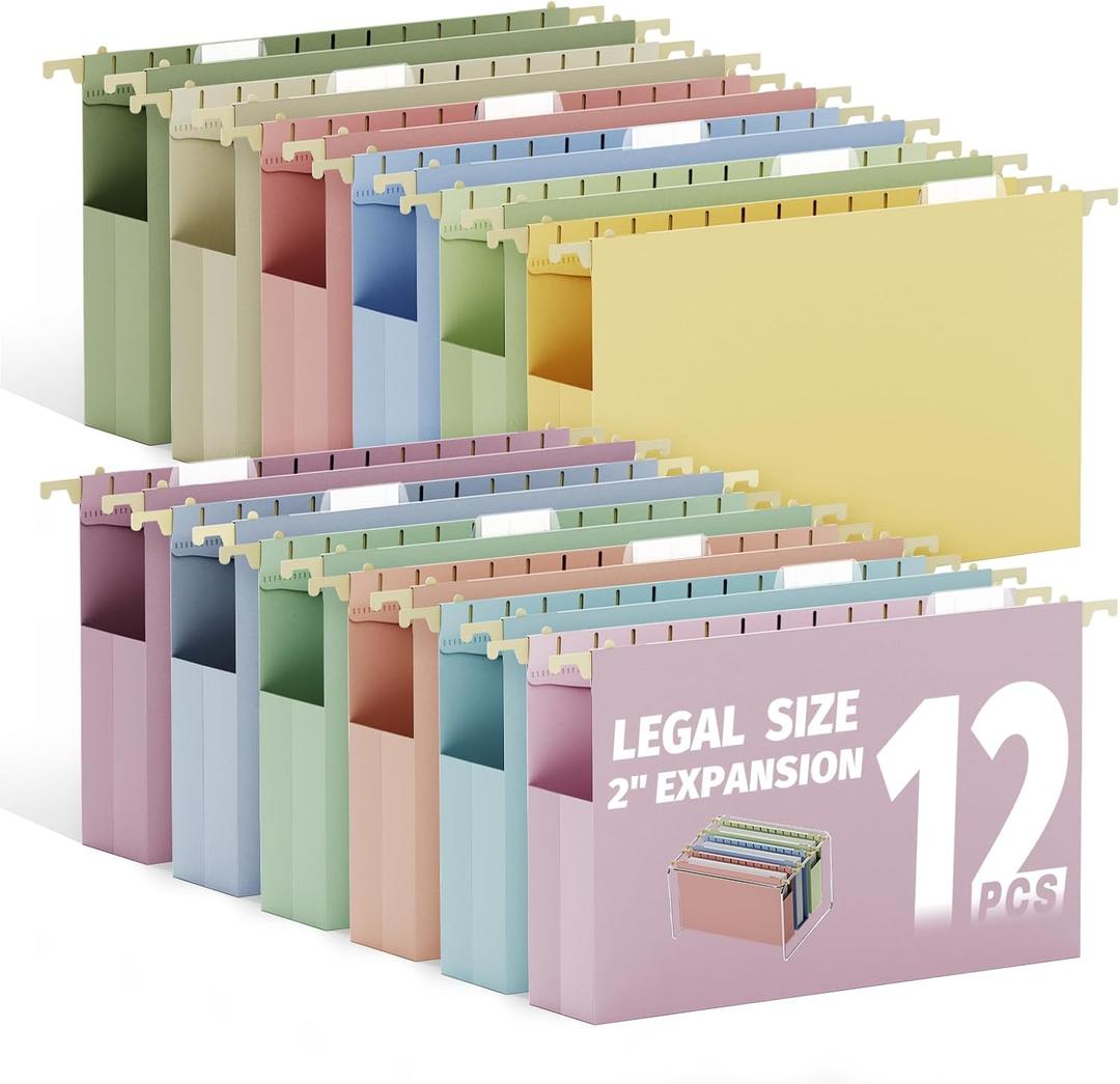 Ansook Legal Size Hanging File Folders Extra Capacity, Heavy Duty 2 Inch Expansion Plastic File Folders Hanging with Tabs,12 Pack Pastel File Cabinet Folders, Expandable Hanging File Folder Organizer